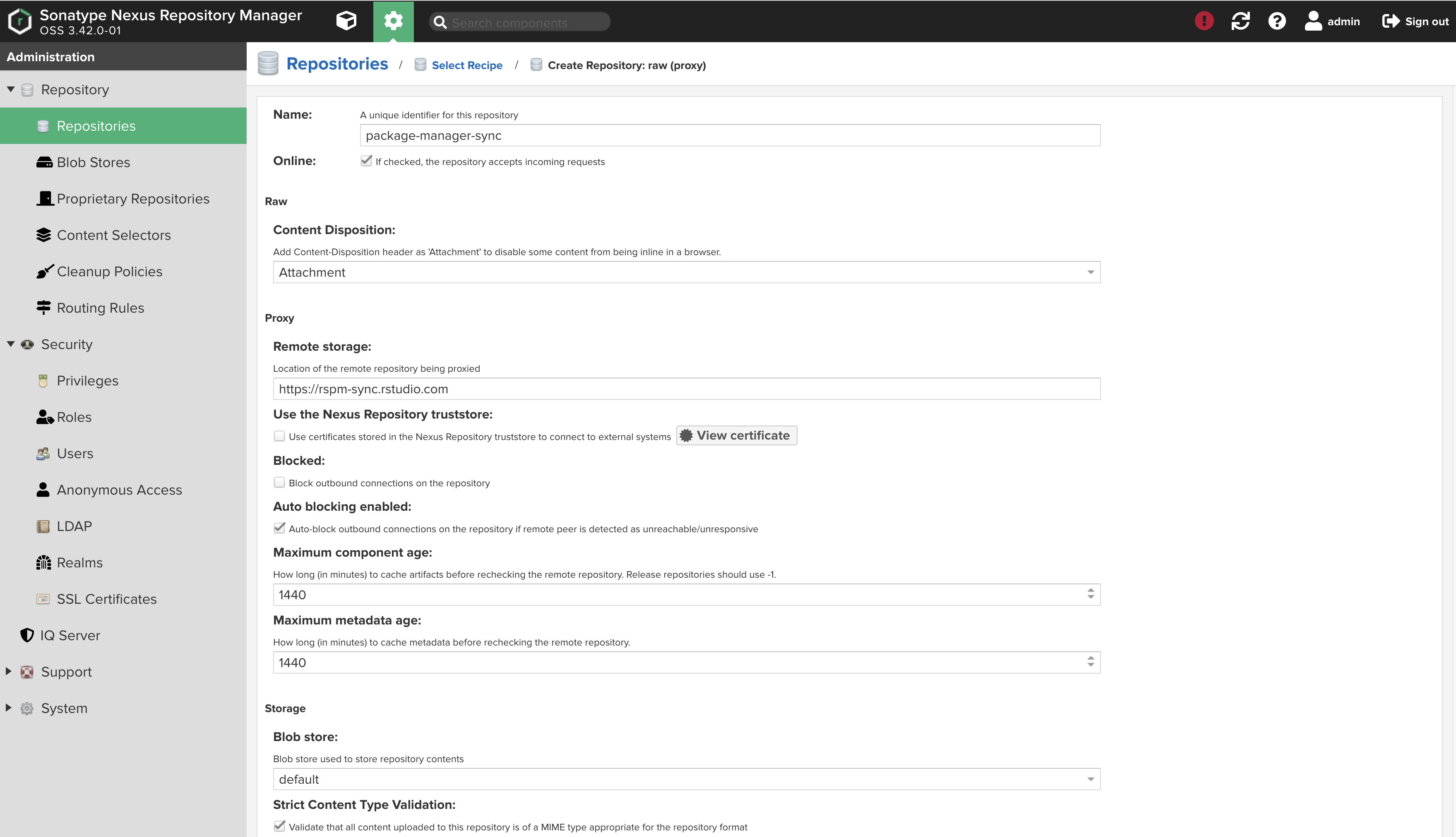 Screenshot in Nexus Repository showing the settings needed to create the Package Manager repository