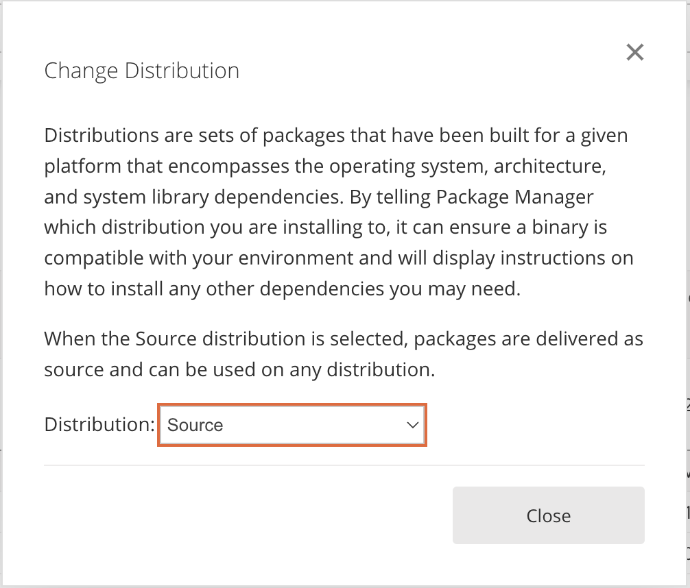 Package Manager screenshot with distribution selector highlighted in orange