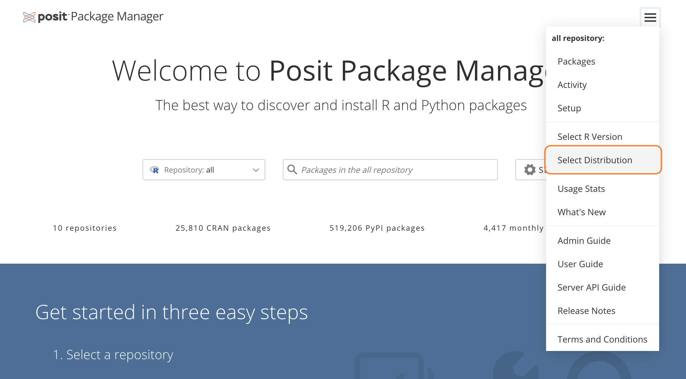 Package Manager menu screenshot with Select Distribution menu item highlighted