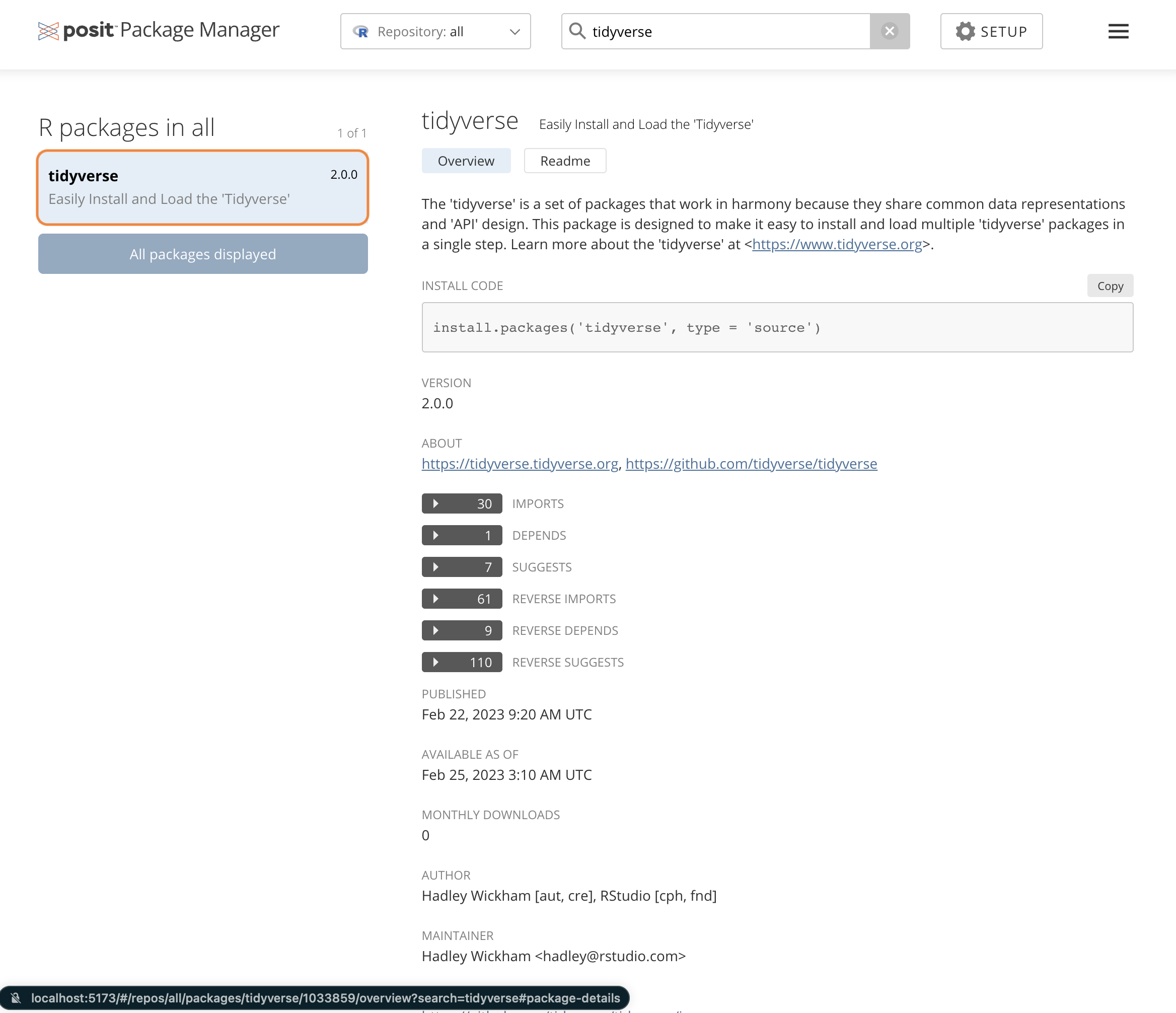 Package Manager R package overview pane, select package